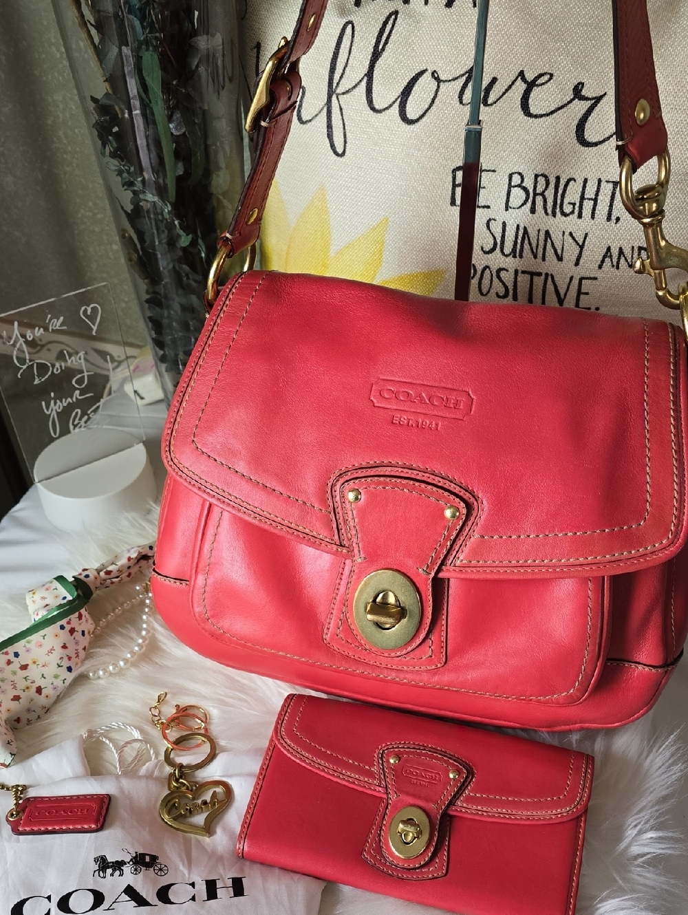 Coach Ali Legacy Vachetta Pink Leather Flap Shoulder Bag with Matching Wallet